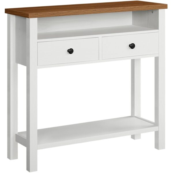 80cm Farmhouse Entryway Console Table, White & Walnut 2-Drawer 3-Shelf Storage Unit with Wooden Frame, Multifunctional Sofa Table for Hallway