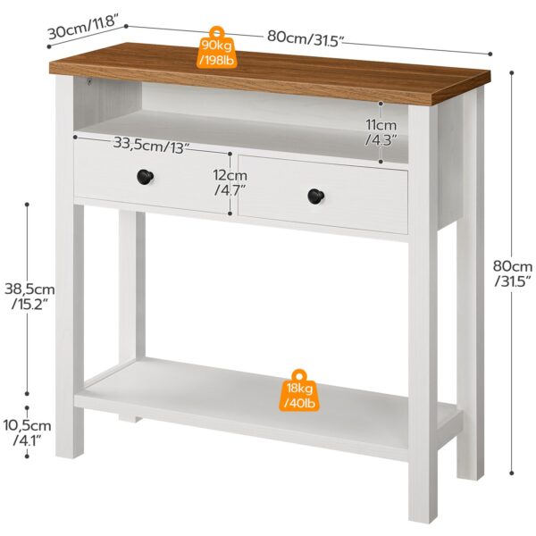 80cm Farmhouse Entryway Console Table, White & Walnut 2-Drawer 3-Shelf Storage Unit with Wooden Frame, Multifunctional Sofa Table for Hallway