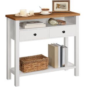 80cm Farmhouse Entryway Console Table, White & Walnut 2-Drawer 3-Shelf Storage Unit with Wooden Frame, Multifunctional Sofa Table for Hallway