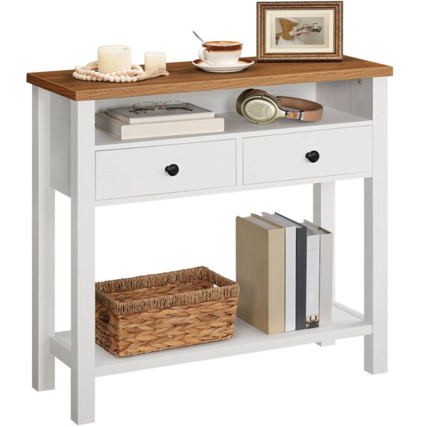 80cm Farmhouse Entryway Console Table, White & Walnut 2-Drawer 3-Shelf Storage Unit with Wooden Frame, Multifunctional Sofa Table for Hallway