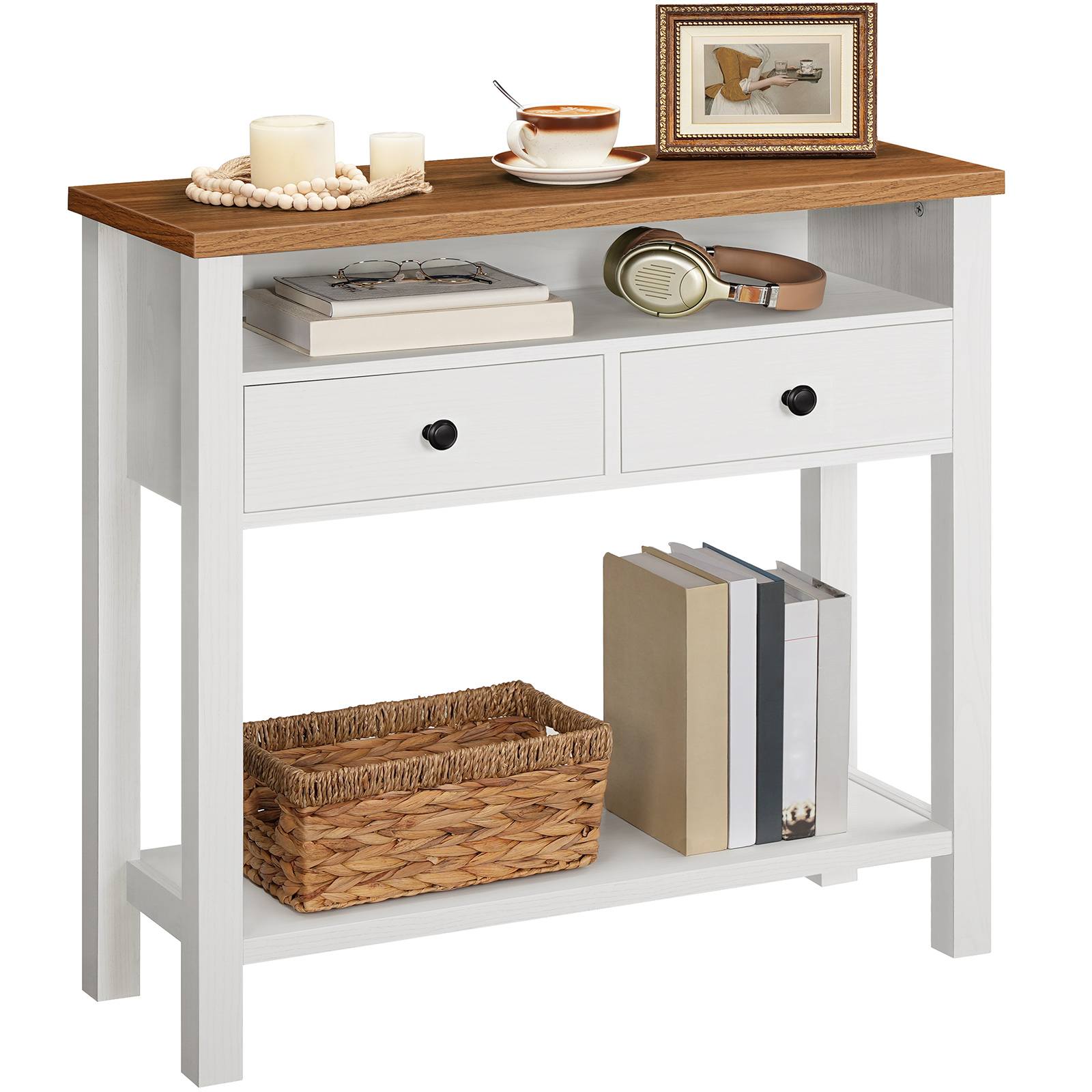 80cm Farmhouse Entryway Console Table, White & Walnut 2-Drawer 3-Shelf Storage Unit with Wooden Frame, Multifunctional Sofa Table for Hallway