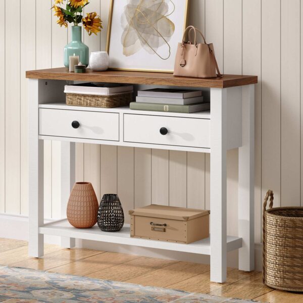 80cm Farmhouse Entryway Console Table, White & Walnut 2-Drawer 3-Shelf Storage Unit with Wooden Frame, Multifunctional Sofa Table for Hallway