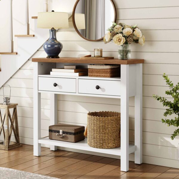 80cm Farmhouse Entryway Console Table, White & Walnut 2-Drawer 3-Shelf Storage Unit with Wooden Frame, Multifunctional Sofa Table for Hallway