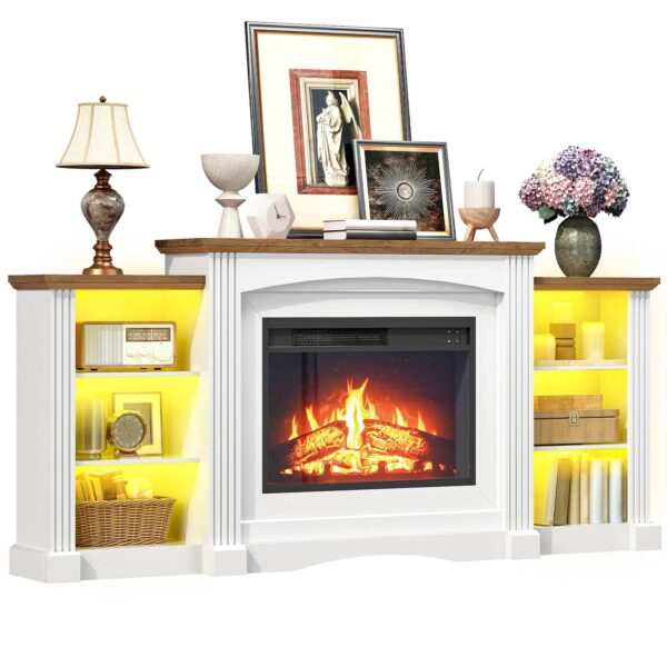 HOOBRO elektresche Kamäin mat Mantel, Kamäin Fernsehstativ mat Led Luucht, 74" Bauerenhaff Ënnerhaalung Center mat Stockage, Realistesch Stacked Stone Surround an 3D Flame fir Wunnzëmmer, Schlofkummer