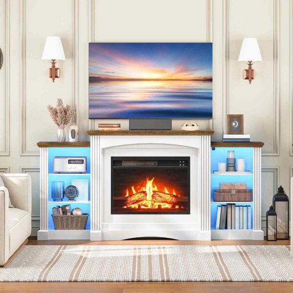 HOOBRO elektresche Kamäin mat Mantel, Kamäin Fernsehstativ mat Led Luucht, 74" Bauerenhaff Ënnerhaalung Center mat Stockage, Realistesch Stacked Stone Surround an 3D Flame fir Wunnzëmmer, Schlofkummer