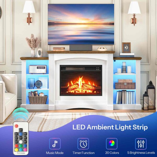 HOOBRO elektresche Kamäin mat Mantel, Kamäin Fernsehstativ mat Led Luucht, 74" Bauerenhaff Ënnerhaalung Center mat Stockage, Realistesch Stacked Stone Surround an 3D Flame fir Wunnzëmmer, Schlofkummer