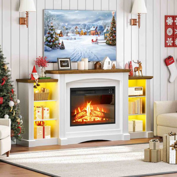 HOOBRO elektresche Kamäin mat Mantel, Kamäin Fernsehstativ mat Led Luucht, 74" Bauerenhaff Ënnerhaalung Center mat Stockage, Realistesch Stacked Stone Surround an 3D Flame fir Wunnzëmmer, Schlofkummer