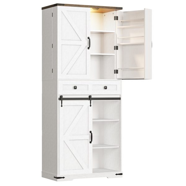 Белый стиль в стиле фермерского дома & Кухонный шкаф из орехового дерева со светодиодной сенсорной подсветкой и раздвижной дверью сарая, Регулируемая полка & Ящик для хранения вещей, Подходит для кухни & Столовая