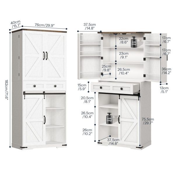 Белый стиль в стиле фермерского дома & Кухонный шкаф из орехового дерева со светодиодной сенсорной подсветкой и раздвижной дверью сарая, Регулируемая полка & Ящик для хранения вещей, Подходит для кухни & Столовая