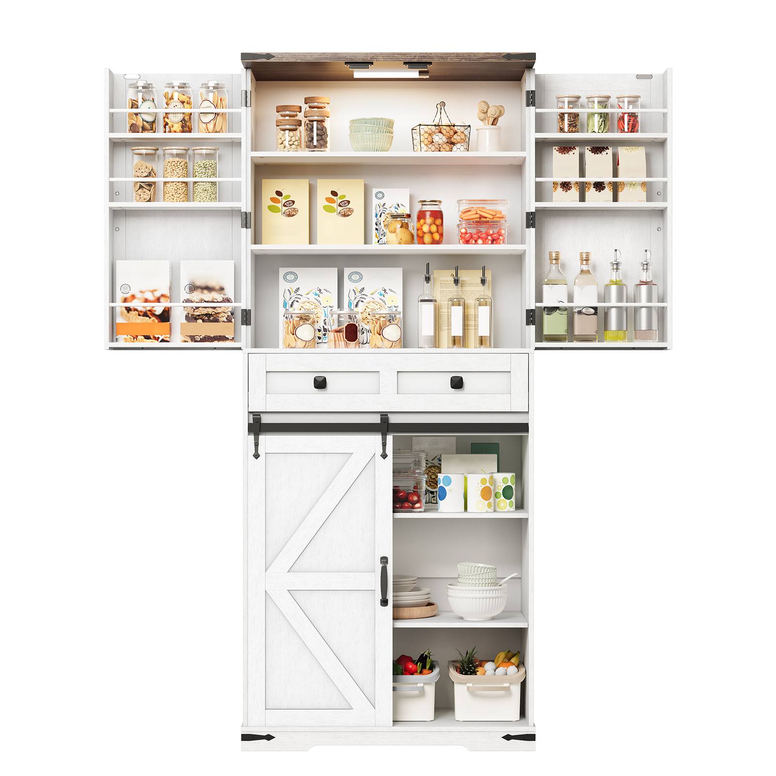 Farmhouse Style White & Walnut Kitchen Pantry Cabinet with LED Sensor Light and Sliding Barn Door, Verstelbare plank & Lade opslag, Geschikt voor keuken & Eetkamer