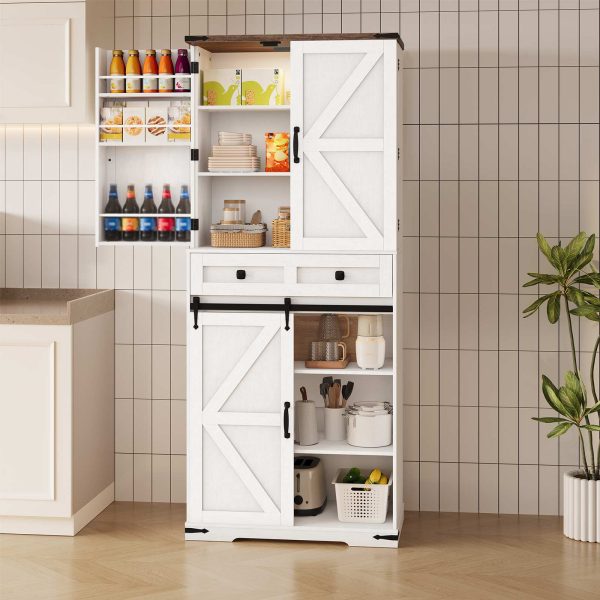 Белый стиль в стиле фермерского дома & Кухонный шкаф из орехового дерева со светодиодной сенсорной подсветкой и раздвижной дверью сарая, Регулируемая полка & Ящик для хранения вещей, Подходит для кухни & Столовая