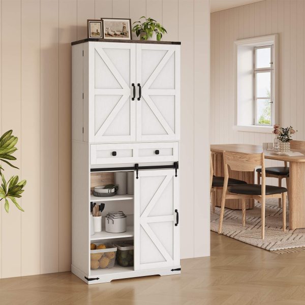 Белый стиль в стиле фермерского дома & Кухонный шкаф из орехового дерева со светодиодной сенсорной подсветкой и раздвижной дверью сарая, Регулируемая полка & Ящик для хранения вещей, Подходит для кухни & Столовая