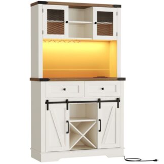 خزانة بار طويل القهوة, خزانة بار المزرعة مع منفذ للضوء والطاقة, 70.8" خزانة بوفيه مع تخزين, انزلاق باب الحظيرة, رف الزجاج والنبيذ, 2 أدراج, الأبيض والجوز