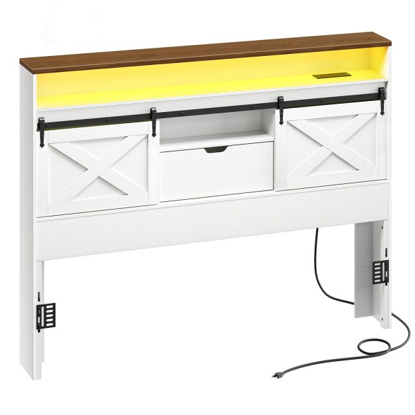 Queen-Size Farmhouse Headboard with Storage, Integrated Charging Station & LED Lighting, Bookcase Design with Flip-Down Drawer & Sliding Barn Doors, White & Walnut Finish