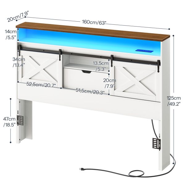 Queen-Size Farmhouse Headboard with Storage, Integrated Charging Station & LED Lighting, Bookcase Design with Flip-Down Drawer & Sliding Barn Doors, White & Walnut Finish