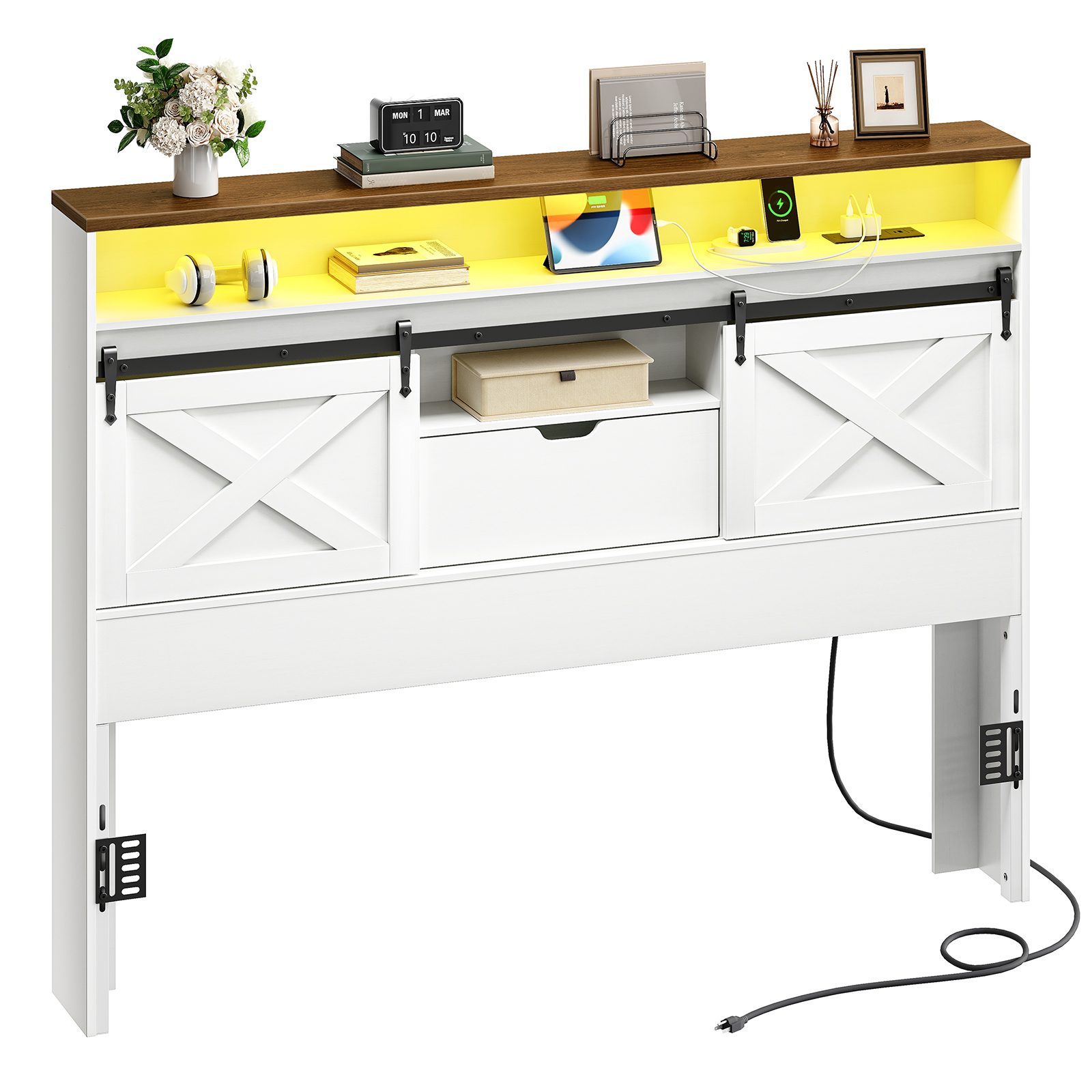 Queen-Size Farmhouse Headboard with Storage, Integrated Charging Station & LED Lighting, Bookcase Design with Flip-Down Drawer & Sliding Barn Doors, White & Walnut Finish