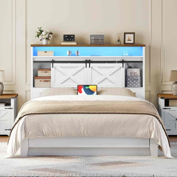 Queen-Size Farmhouse Headboard with Storage, Integrated Charging Station & LED Lighting, Bookcase Design with Flip-Down Drawer & Sliding Barn Doors, White & Walnut Finish