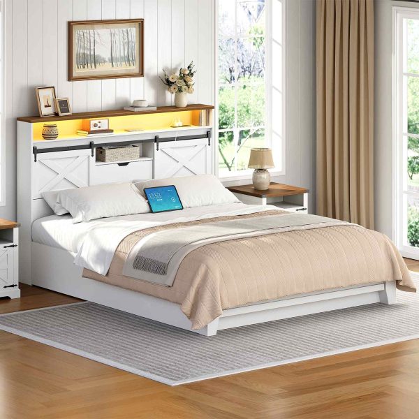 Queen-Size Farmhouse Headboard with Storage, Integrated Charging Station & LED Lighting, Bookcase Design with Flip-Down Drawer & Sliding Barn Doors, White & Walnut Finish