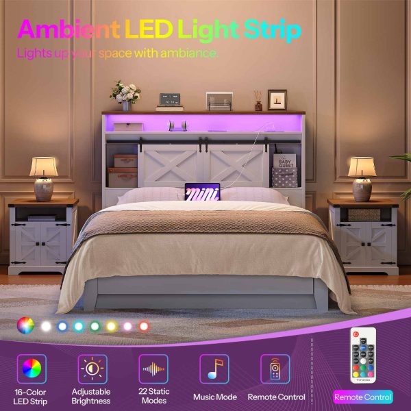 Queen-Size Farmhouse Headboard with Storage, Integrated Charging Station & LED Lighting, Bookcase Design with Flip-Down Drawer & Sliding Barn Doors, White & Walnut Finish