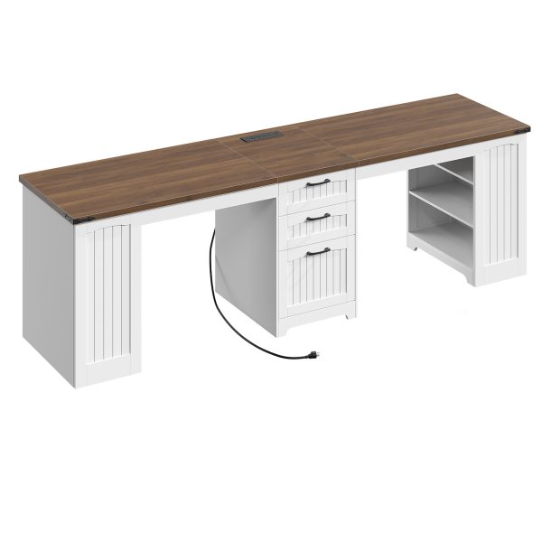 94.5-Inch Double Workstation Desk with Power Module, Farmhouse Style 2-Person Office Desk with Drawers, A4/Letter Size Compatible, Adjustable Shelves, White & Walnut Finish