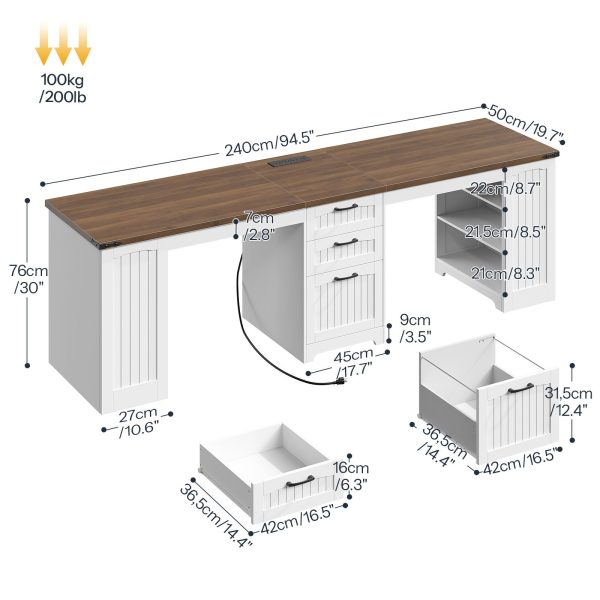 94.5-Inch Double Workstation Desk with Power Module, Farmhouse Style 2-Person Office Desk with Drawers, A4/Letter Size Compatible, Adjustable Shelves, White & Walnut Finish