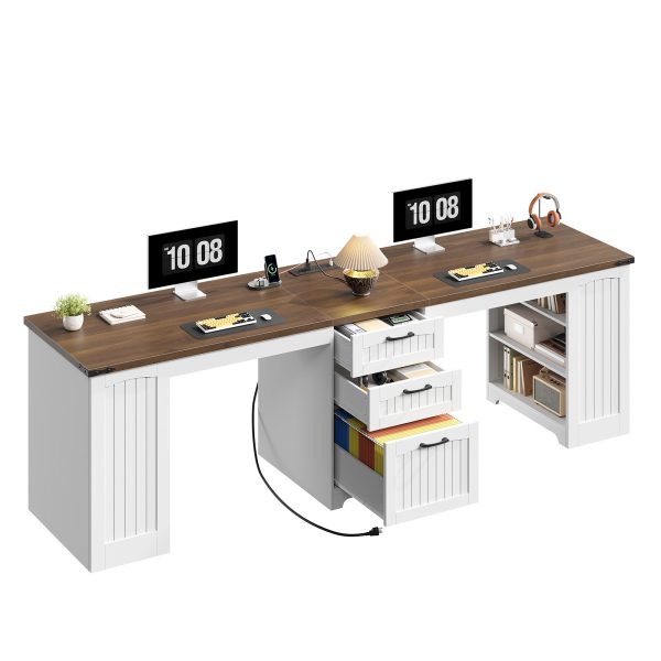 94.5-Inch Double Workstation Desk with Power Module, Farmhouse Style 2-Person Office Desk with Drawers, A4/Letter Size Compatible, Adjustable Shelves, White & Walnut Finish