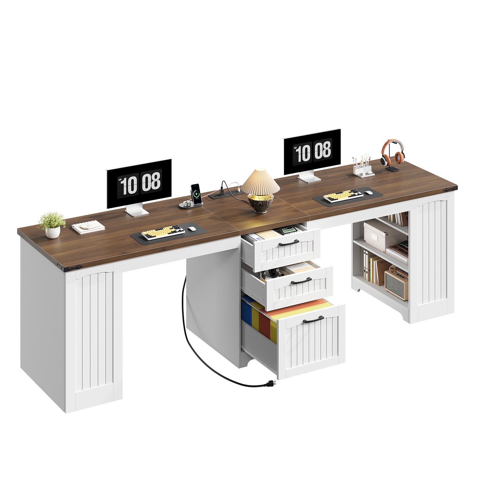 94.5-Inch Double Workstation Desk with Power Module, Farmhouse Style 2-Person Office Desk with Drawers, A4/Letter Size Compatible, Adjustable Shelves, White & Walnut Finish