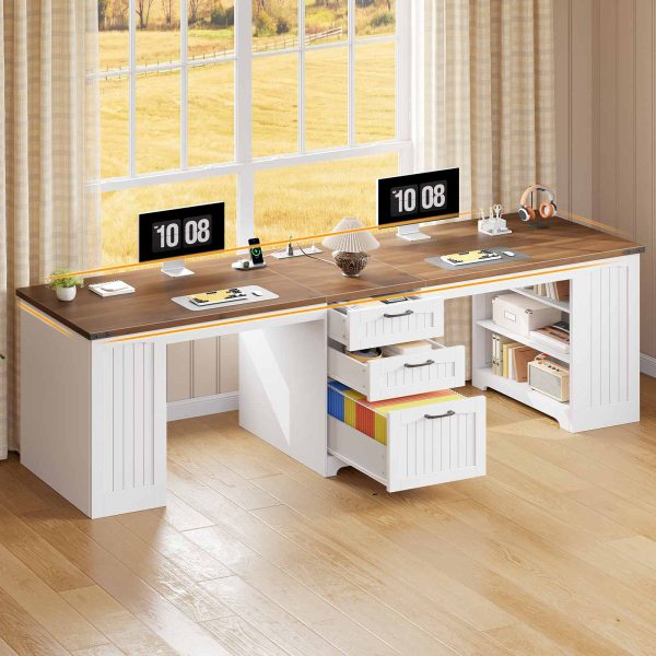 94.5-Inch Double Workstation Desk with Power Module, Farmhouse Style 2-Person Office Desk with Drawers, A4/Letter Size Compatible, Adjustable Shelves, White & Walnut Finish
