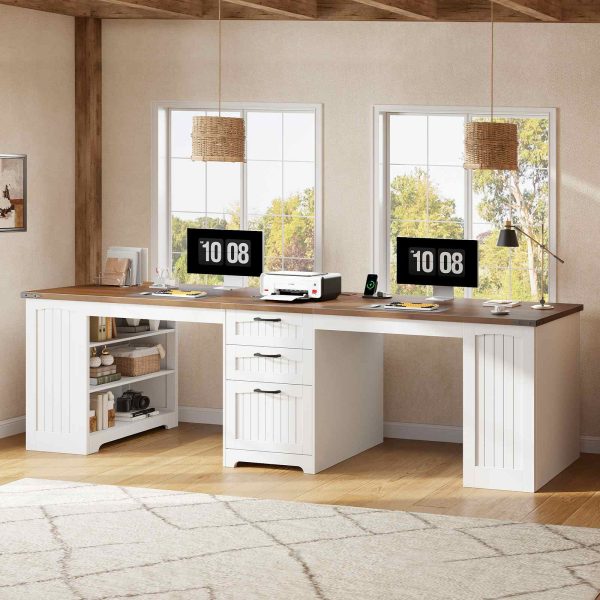 94.5-Inch Double Workstation Desk with Power Module, Farmhouse Style 2-Person Office Desk with Drawers, A4/Letter Size Compatible, Adjustable Shelves, White & Walnut Finish
