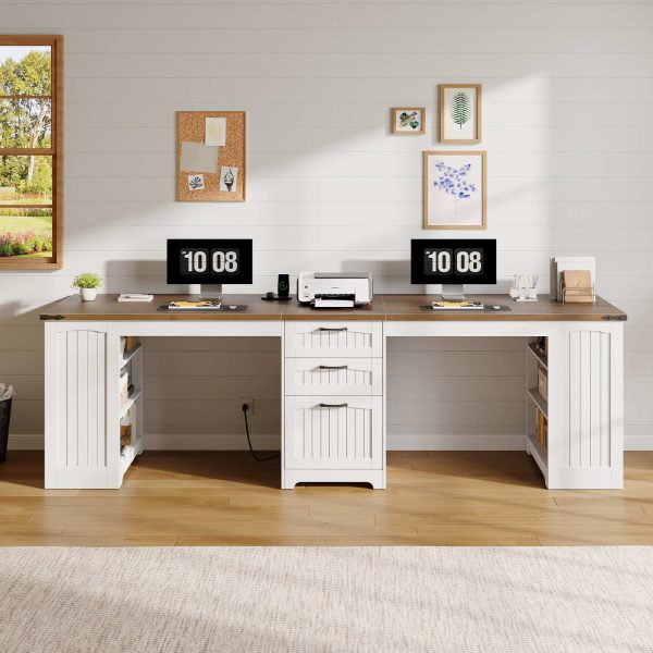 94.5-Inch Double Workstation Desk with Power Module, Farmhouse Style 2-Person Office Desk with Drawers, A4/Letter Size Compatible, Adjustable Shelves, White & Walnut Finish