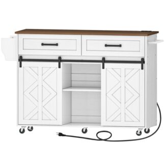 Kitchen Island with Power Outlet, Rolling Kitchen Island with Barn Doors, Kitchen Cart on Wheels, Kitchen Island Table with Drawer, Open Shelves, for Kitchen, White and Walnut