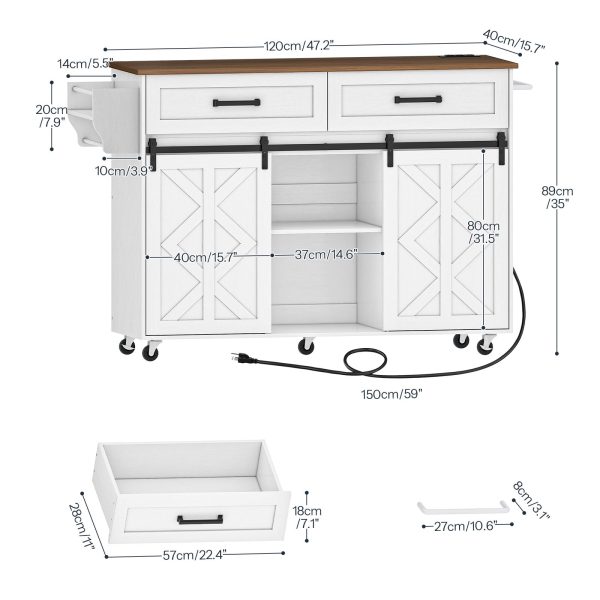Keittiösaari, jossa on sähköpistorasia, Liikkuva keittiösaari lato -ovet, Keittiön kärry pyörillä, Keittiön saaripöytä laatikolla, Avoimet hyllyt, keittiötä varten, Valkoinen ja pähkinä