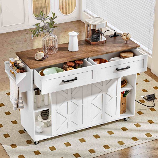 Keittiösaari, jossa on sähköpistorasia, Liikkuva keittiösaari lato -ovet, Keittiön kärry pyörillä, Keittiön saaripöytä laatikolla, Avoimet hyllyt, keittiötä varten, Valkoinen ja pähkinä