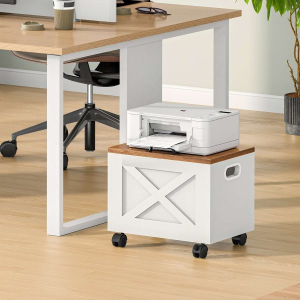 Under-Desk Compact Filing Cabinet with Drawer, Rolling Lid-Equipped Filing Cart, Mobile Hanging File Organizer, Suitable for Study and Home Office, White and Walnut