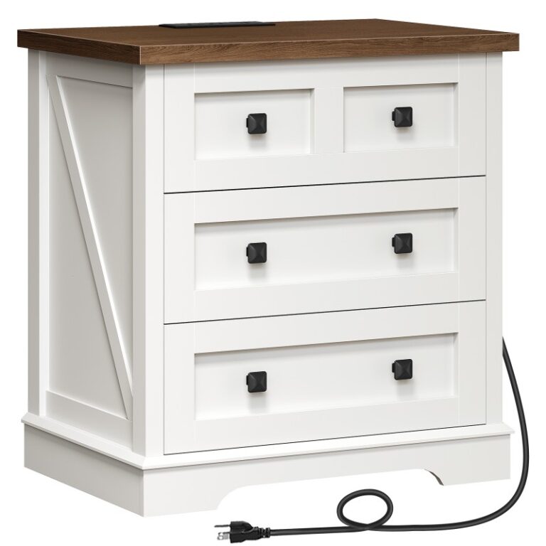 White and Walnut Farmhouse Nightstand with 3 Drawers, 23.6 Inch Wide End Table with Charging Station, Large End Table for Bedroom, Living Room, White Wooden Bedside Table
