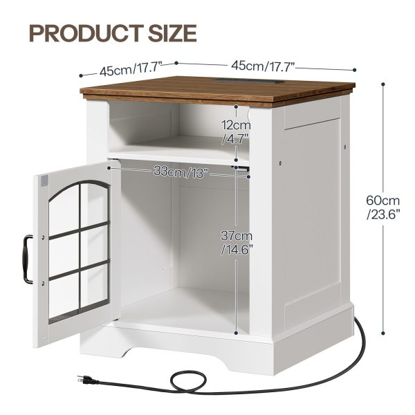 Farmhouse Style End Table with Charging Station, 45cm Wide Nightstand, White & Walnut Wooden Sofa Side Table with Tempered Glass Barn Door and Open Shelf