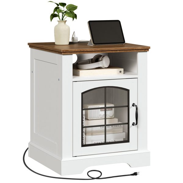 Farmhouse Style End Table with Charging Station, 45cm Wide Nightstand, White & Walnut Wooden Sofa Side Table with Tempered Glass Barn Door and Open Shelf