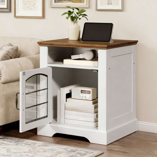 Farmhouse Style End Table with Charging Station, 45cm Wide Nightstand, White & Walnut Wooden Sofa Side Table with Tempered Glass Barn Door and Open Shelf