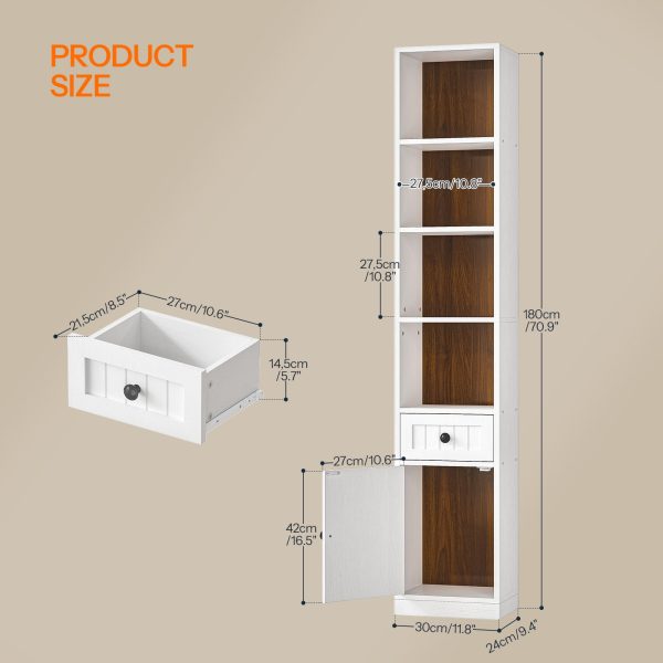180cm Tall Narrow Bookcase with Storage Cabinet and Adjustable Shelves, White & Walnut Space-Saving Storage Shelf for Office, Living Room and Bedroom