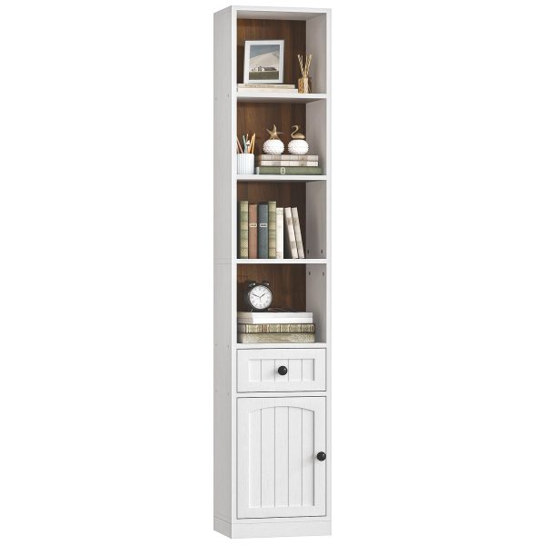 180cm Tall Narrow Bookcase with Storage Cabinet and Adjustable Shelves, White & Walnut Space-Saving Storage Shelf for Office, Living Room and Bedroom