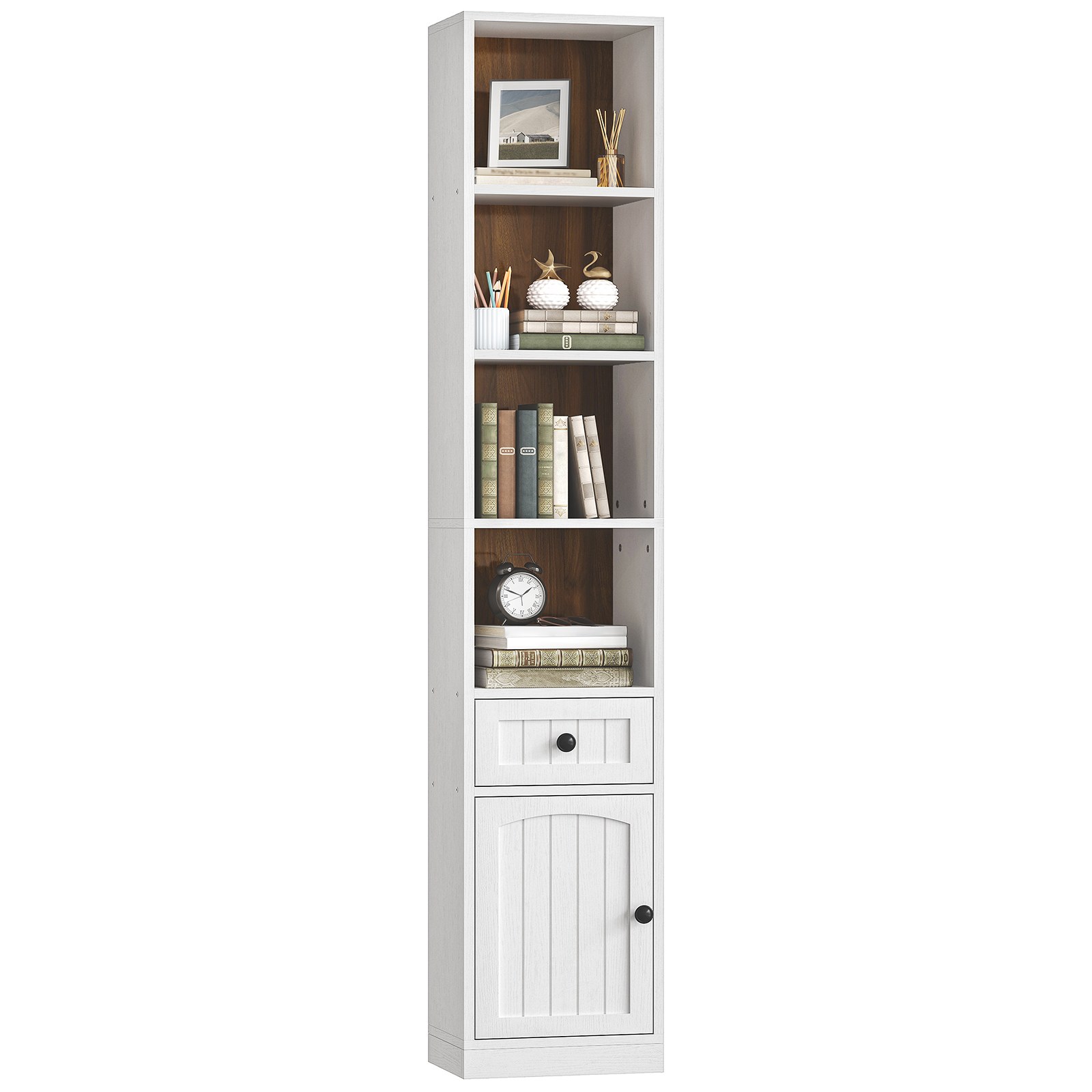 180cm Tall Narrow Bookcase with Storage Cabinet and Adjustable Shelves, White & Walnut Space-Saving Storage Shelf for Office, Living Room and Bedroom