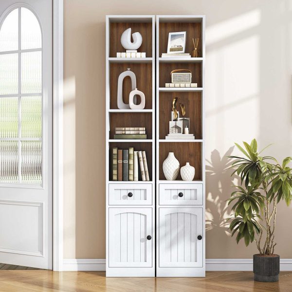 180cm Tall Narrow Bookcase with Storage Cabinet and Adjustable Shelves, White & Walnut Space-Saving Storage Shelf for Office, Living Room and Bedroom