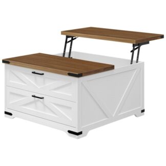 lift top coffee table with storage, 31.5" large square coffee table with 2 drawers, large hidden space, white farmhouse coffee table for living room, home office, white and walnut