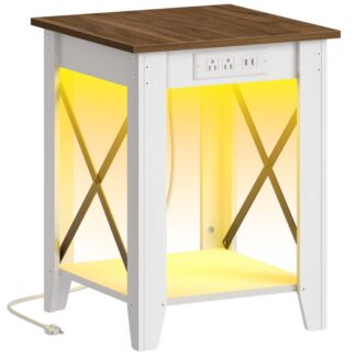 TABELLO FINE FARMOUSE con stazione di ricarica e luce a LED, 17.7" Tavolino quadrato per divano con ripiani aperti, Comodino rustico in legno per soggiorno, Camera da letto, Bianco e Noce