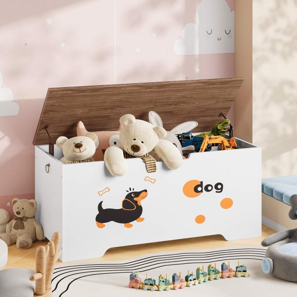 صندوق تخزين الألعاب مع 2 مفصلات السلامة, مقعد تخزين خشبي متعدد الوظائف, مناسبة للمدخل, غرفة النوم وغرفة المعيشة, أبيض & جوز