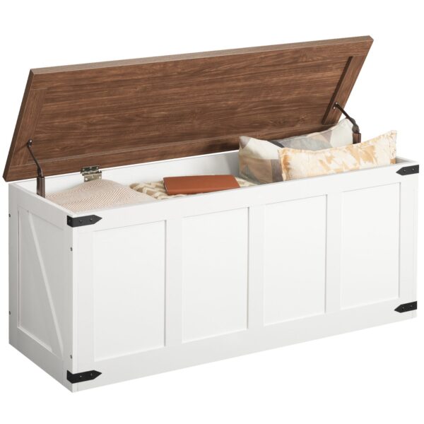HOOBRO Banc de rangement en bois de ferme de 47,2 po avec charnières de sécurité, Coffre organisateur de jouets pour couloir, Chambre à coucher, Salon - Blanc & Noyer
