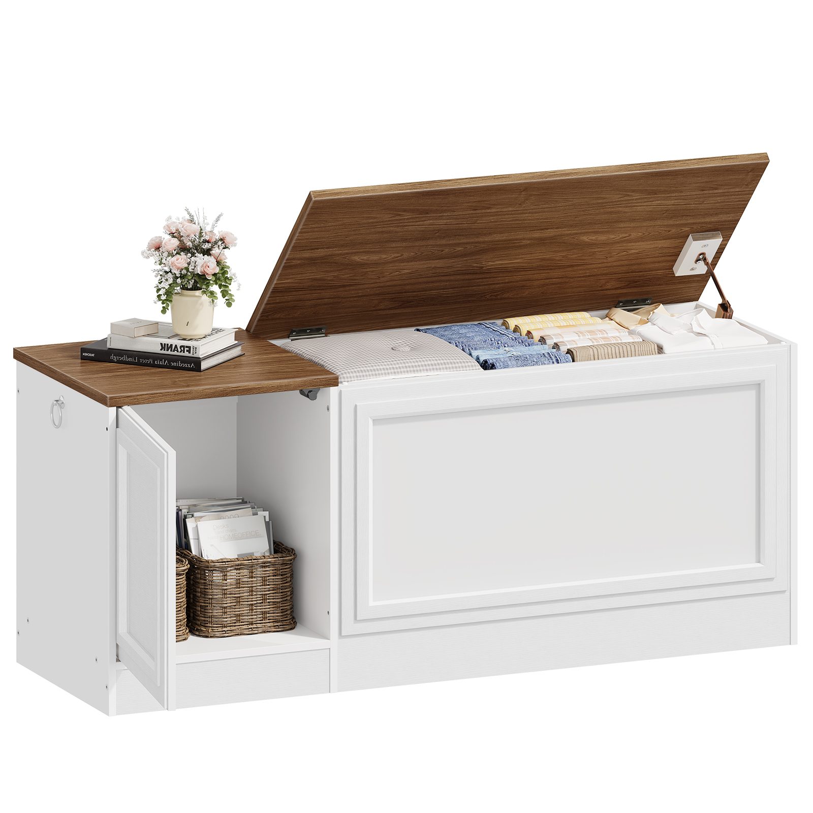 Banc de rangement HOOBRO, 47.2" Coffre à jouets en bois, Coffre à jouets avec charnière de sécurité, Coffre de rangement de style ferme, Banc d'entrée, pour le salon, Chambre à coucher, Couloir, Blanc et Noyer