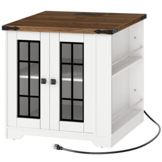 Конечный стол Farmhouse с зарядной станцией, 24" Большой боковой стол дивана с боковыми полками, Квадратная тумбочка со стеклянной дверью сарай, Большой ночной стенд для гостиной, Белый и Орех