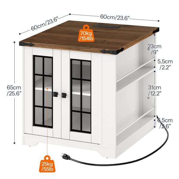 Maalaistalon päätypöytä latausasemalla, Suuri sohva sivupöytä sivuhyllyillä, Neliö yöpöytä lasi -ovella, Suuri yö seisoo olohuoneeseen, Valkoinen ja pähkinä