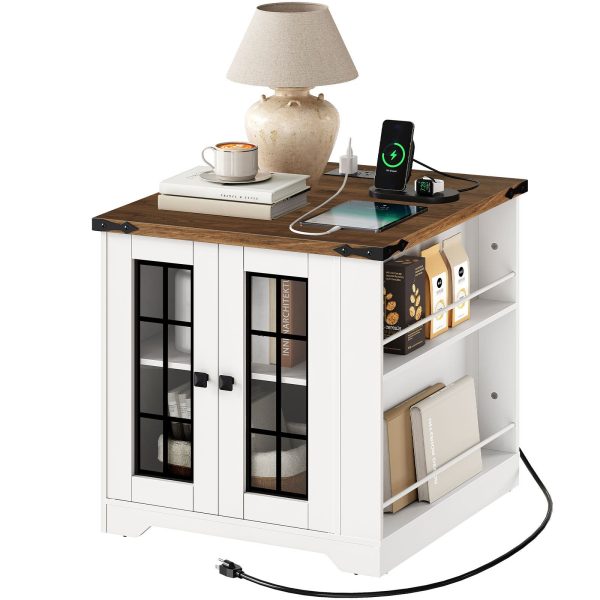 Maalaistalon päätypöytä latausasemalla, Suuri sohva sivupöytä sivuhyllyillä, Neliö yöpöytä lasi -ovella, Suuri yö seisoo olohuoneeseen, Valkoinen ja pähkinä